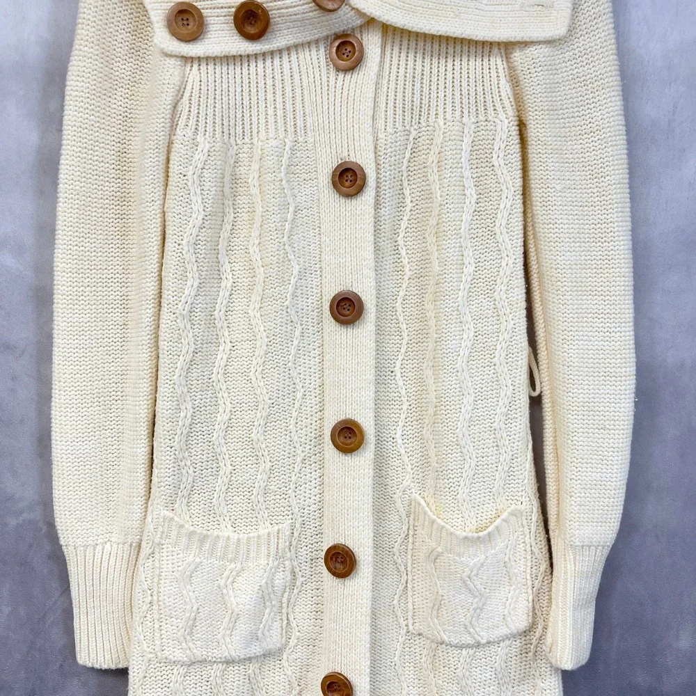 Vtg 70s Gemini Collection Long Cardigan Sweater Women Medium Cable Knit Cottage